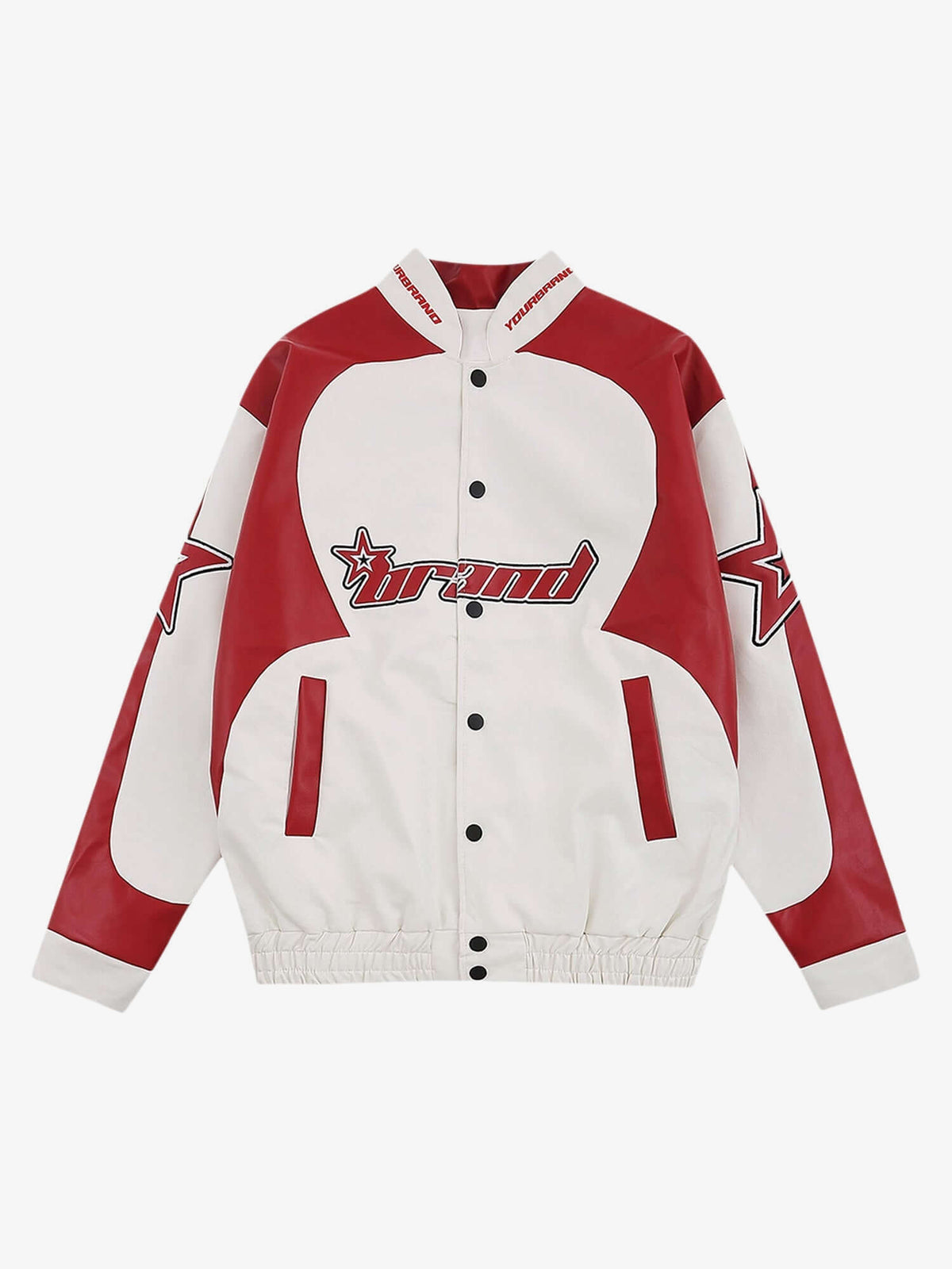 Colorblock Faux Leather Racing Jacket – White/Red, front view | XoKool