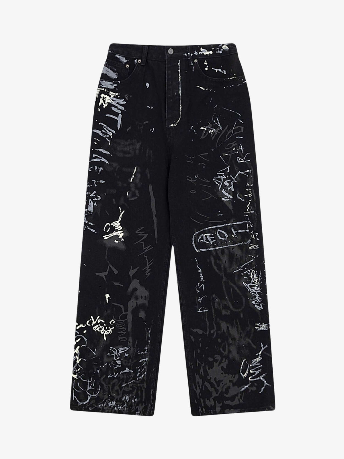 Black Graffiti Print Wide Leg Jeans – Black, front view | XoKool