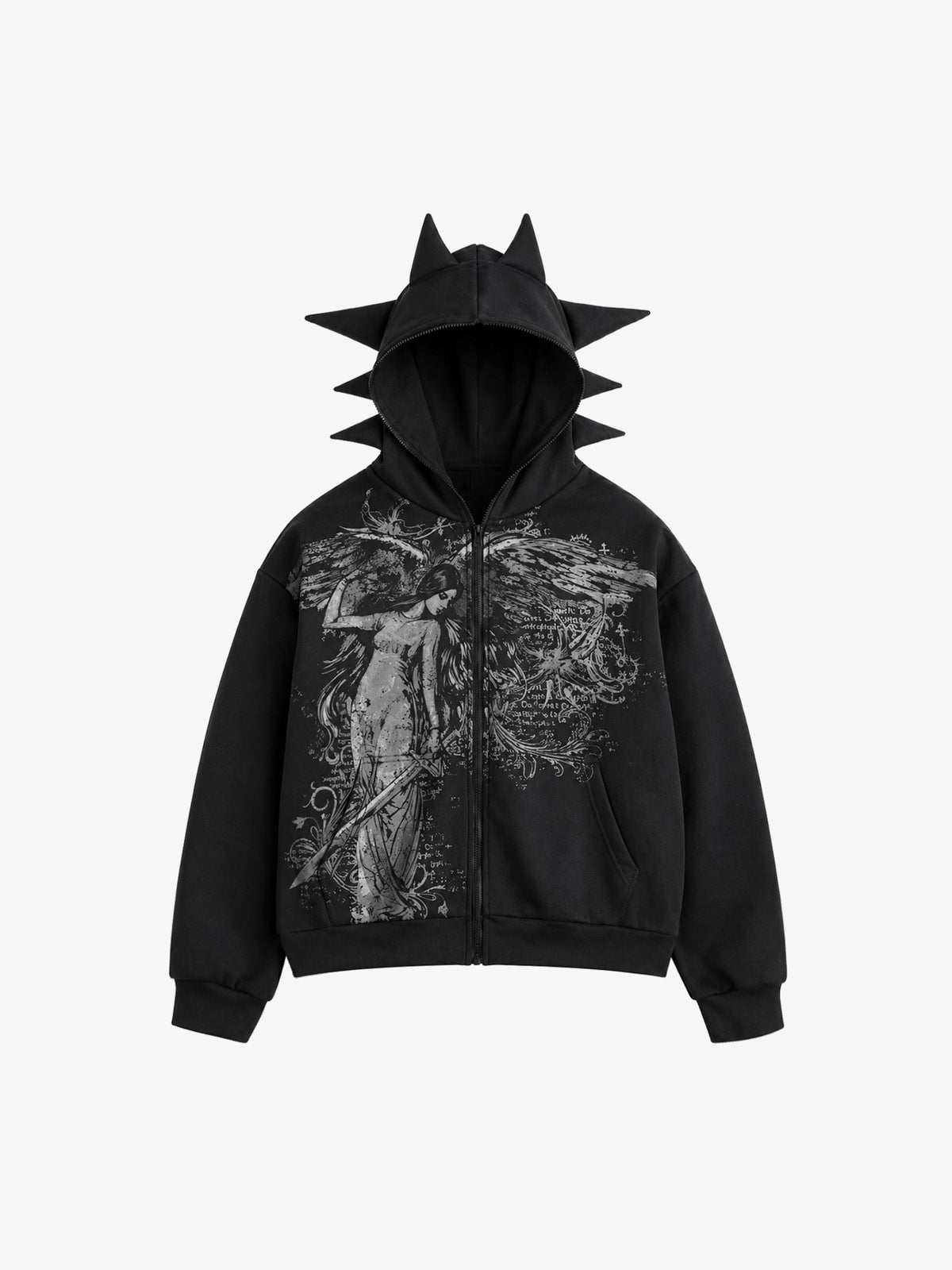 Hoodie con cierre y gráfico de ángel con capucha de púas – negro, vista frontal | XoKool