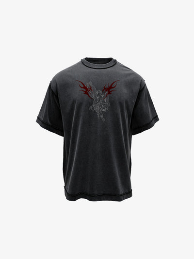 Angel Wings T Shirt, Washed Black Oversized