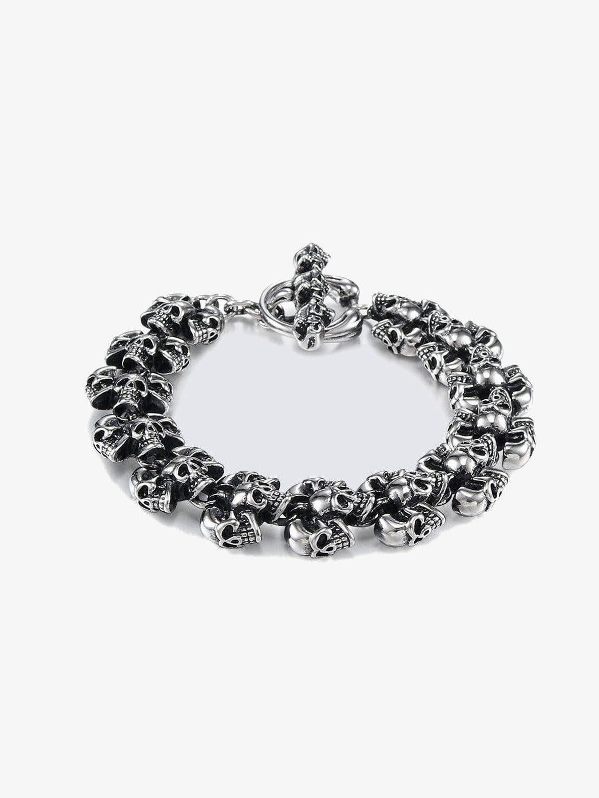 Antiqued Skull Link Biker Bracelet – product shot on grey | XoKool