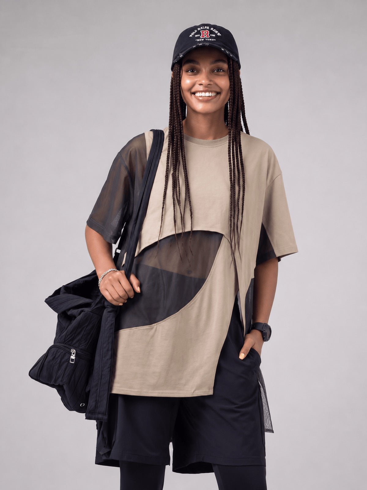 Mesh panel tee – Beige, on model front | XoKool