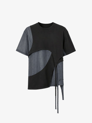 Asymmetric Mesh Panel T-Shirt with Hem Straps – Black, front view | XoKool