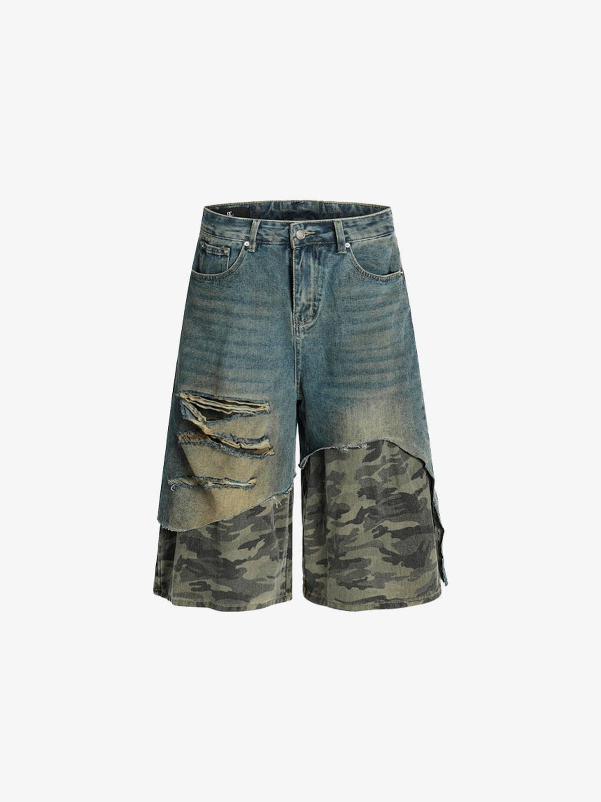 Asymmetrische Distressed Jorts mit Camo-Layer – Vorderseite flach | XoKool