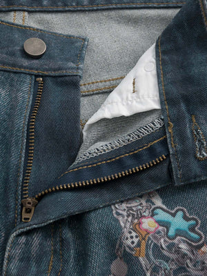 Ripped Baggy Jeans with Charm Print – fly close-up | XoKool