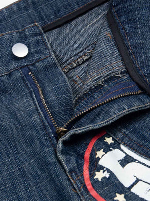 Dark Wash Cargo Jeans – Zip fly close-up | XoKool