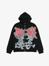 Retro Gothic Print Rhinestone Zip-Up Hoodie