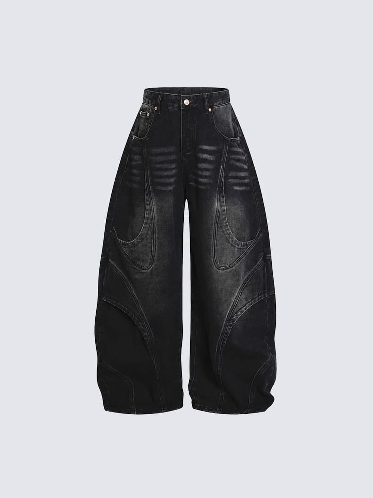 Baggy Barrel Jeans with Curved Seams – Black, front flat | XoKool