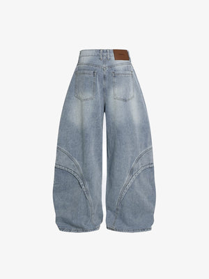 Baggy Barrel Jeans with Curved Seams – Blue, back flat | XoKool