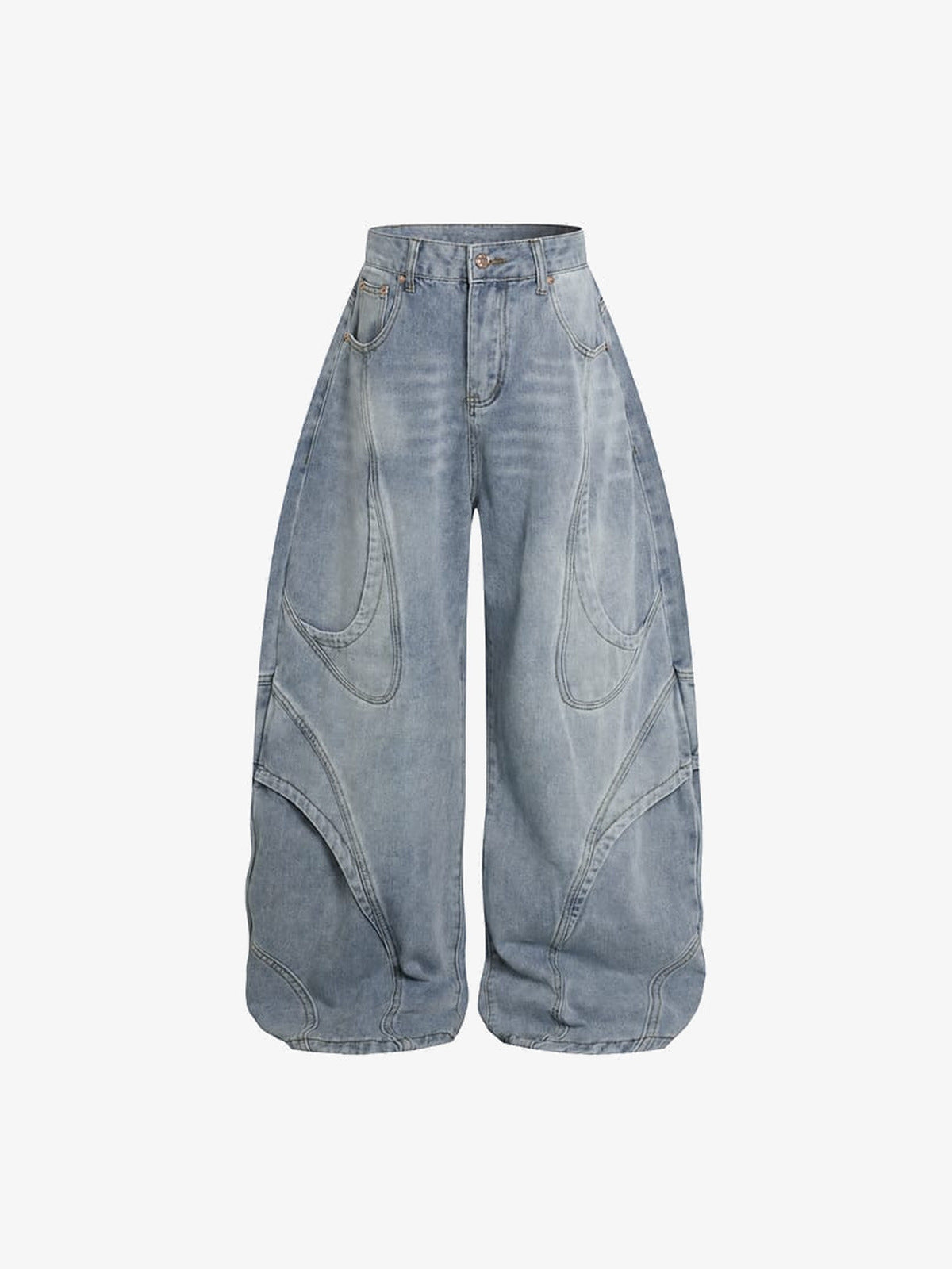Baggy Barrel Jeans with Curved Seams – Blue, front flat | XoKool