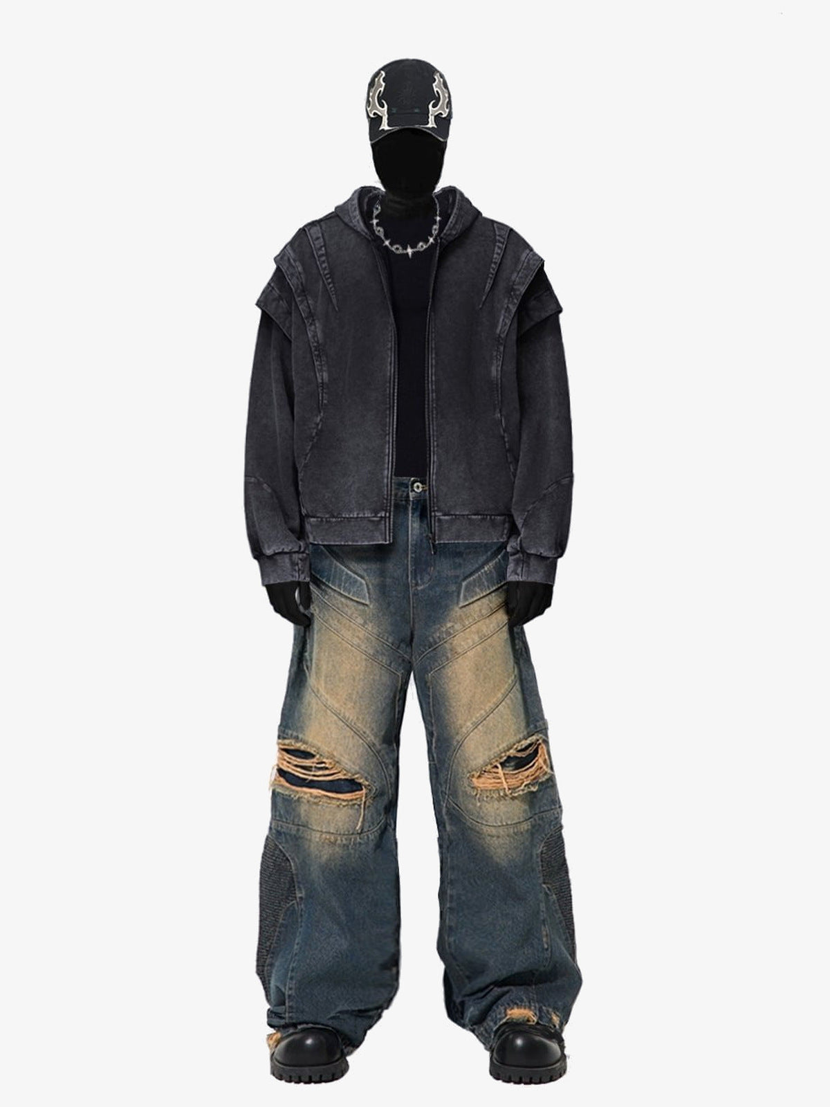 Baggy Biker Jeans mit zerrissenen Knien – am Model, komplettes Outfit von vorn | XoKool