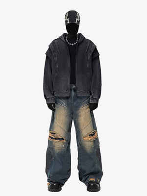 Baggy Biker Jeans mit zerrissenen Knien – am Model, komplettes Outfit von vorn | XoKool