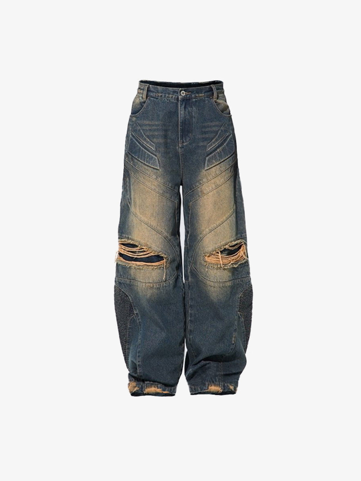 Baggy Biker Jeans mit zerrissenen Knien – Vintage Blau, Vorderseite flach | XoKool