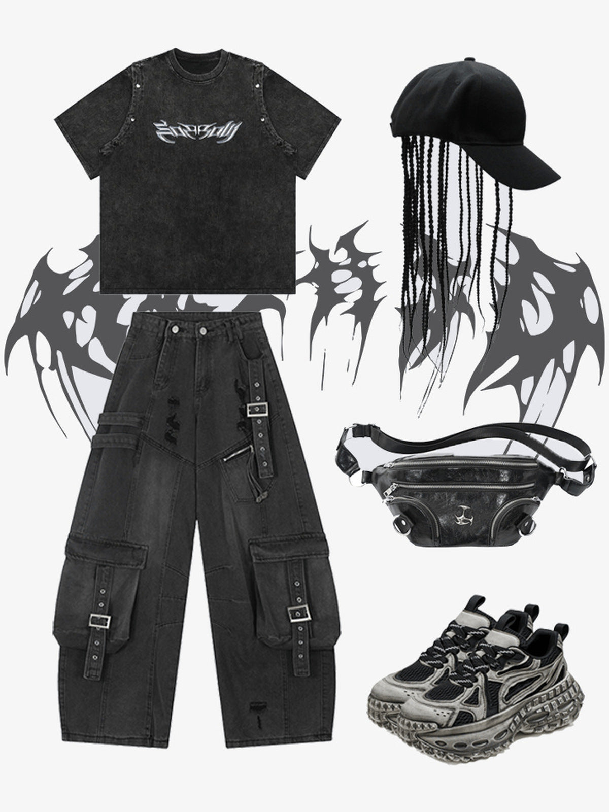 Baggy Cargo Jeans with Buckle Straps – Black, outfit collage with tee, cap, bag, sneakers | XoKool