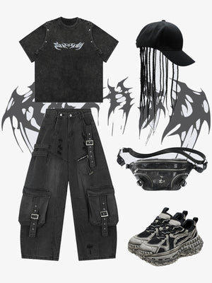 Baggy Cargo Jeans with Buckle Straps – Black, outfit collage with tee, cap, bag, sneakers | XoKool