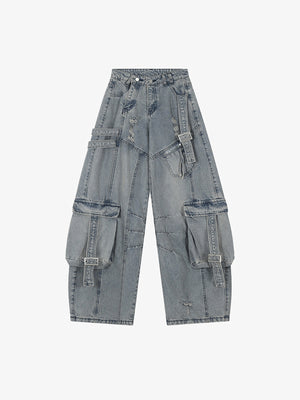 Baggy Cargo Jeans with Buckle Straps – Light Blue, front flat lay | XoKool