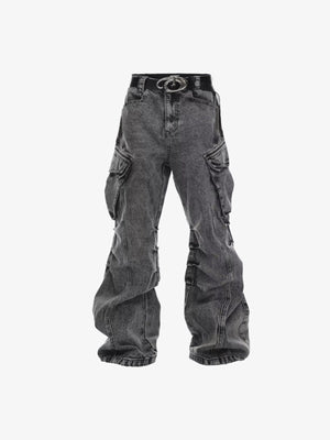 Baggy Cargo Jeans in Grey Acid Wash – Grey, front flat | XoKool