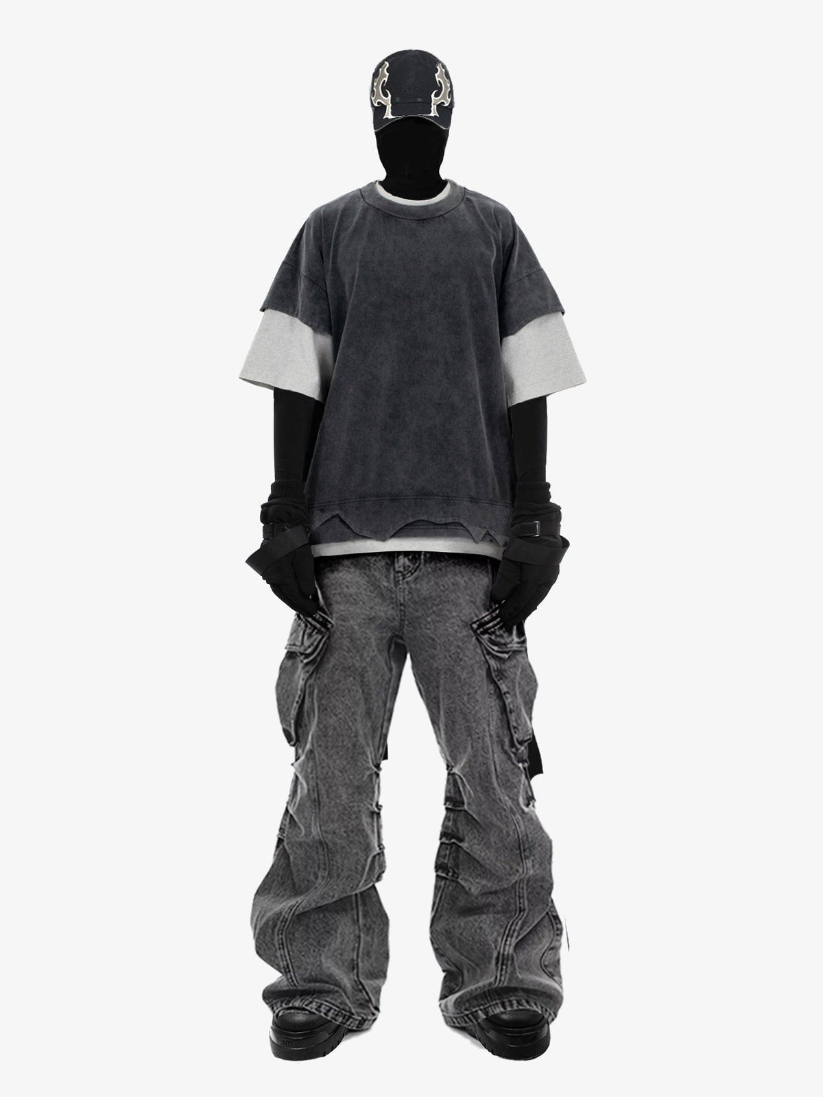 Baggy Cargo Jeans in Grey Acid Wash – on model, front | XoKool