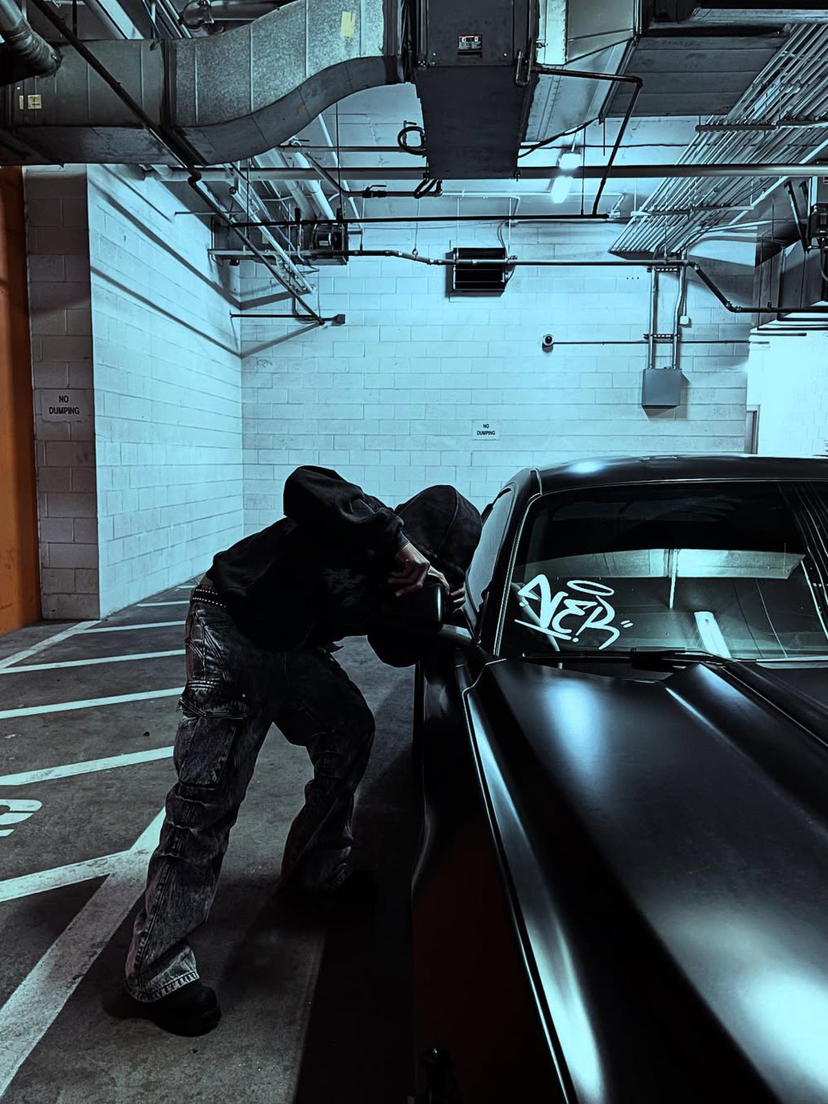 Grey Cargo Jeans – street photo, car garage | XoKool