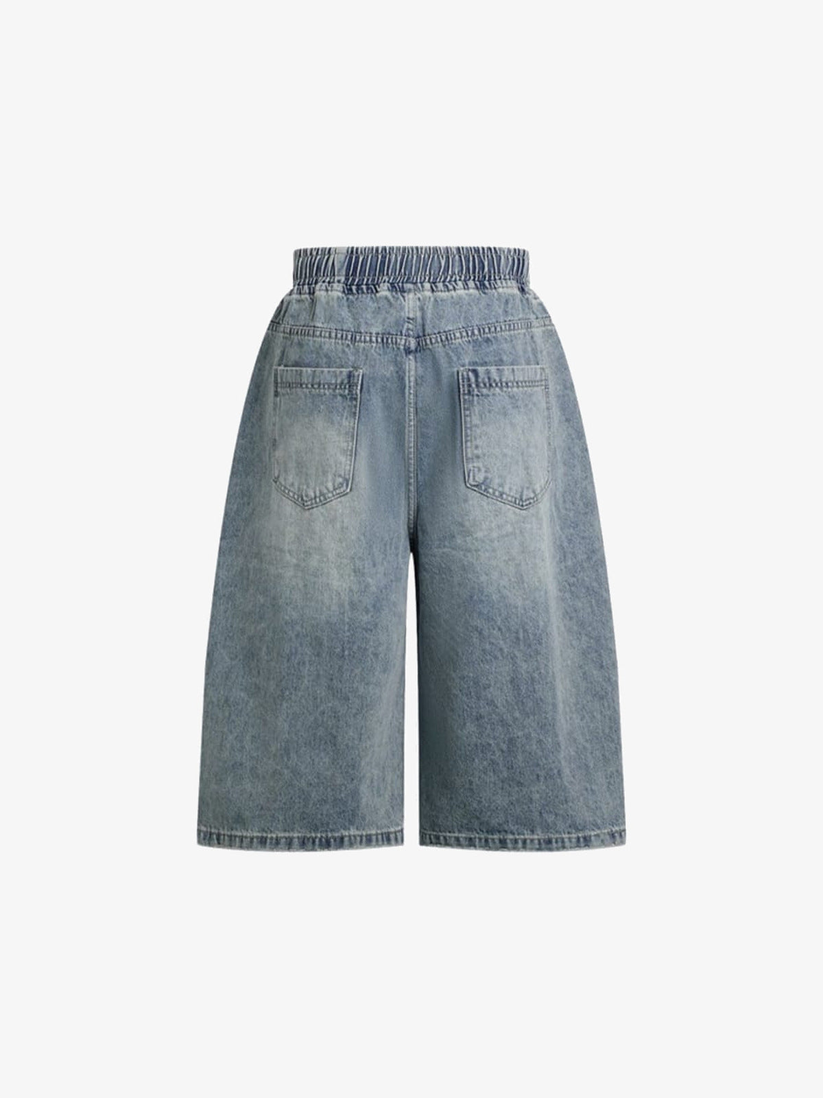 Shorts de denim baggy con cintura elástica y cordón – azul claro, vista trasera plana | XoKool