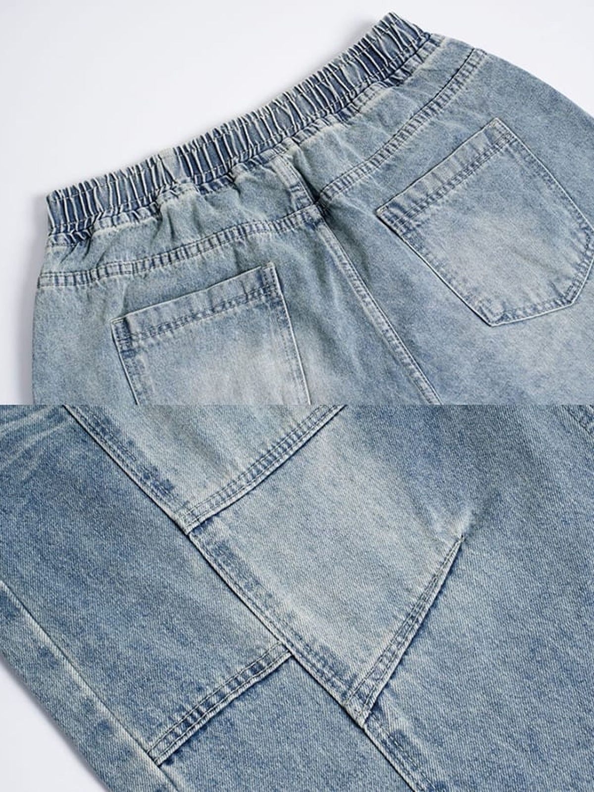 Shorts de denim baggy – azul claro, detalle del bolsillo trasero y la costura | XoKool