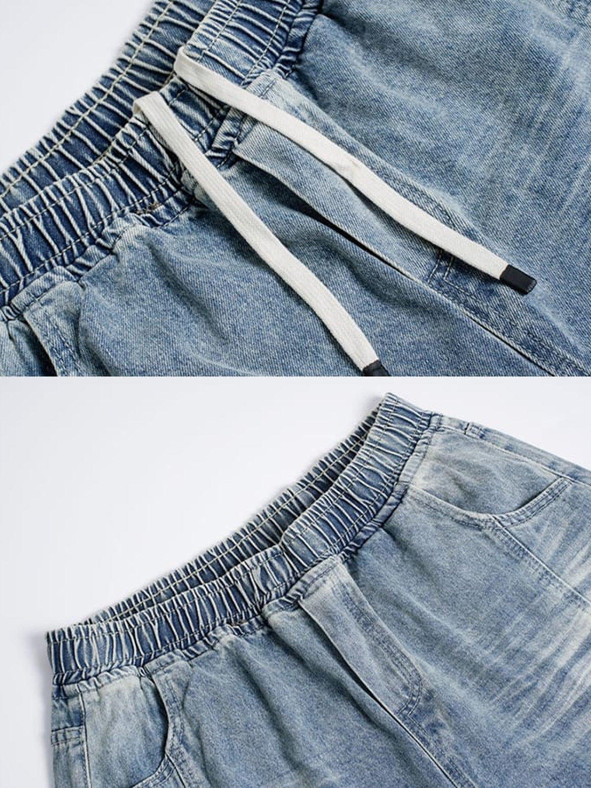 Shorts de denim baggy – azul claro, detalle de la cintura con cordón | XoKool