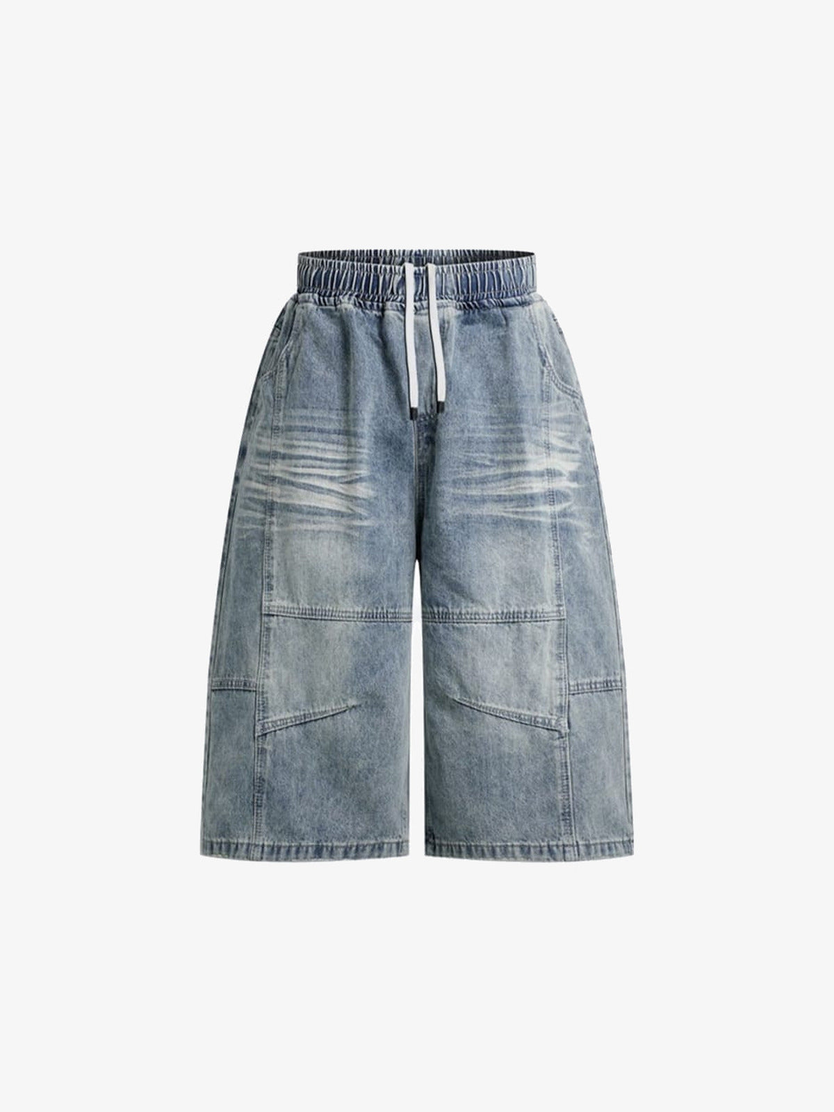 Shorts de denim baggy con cintura elástica y cordón – azul claro, vista frontal plana | XoKool