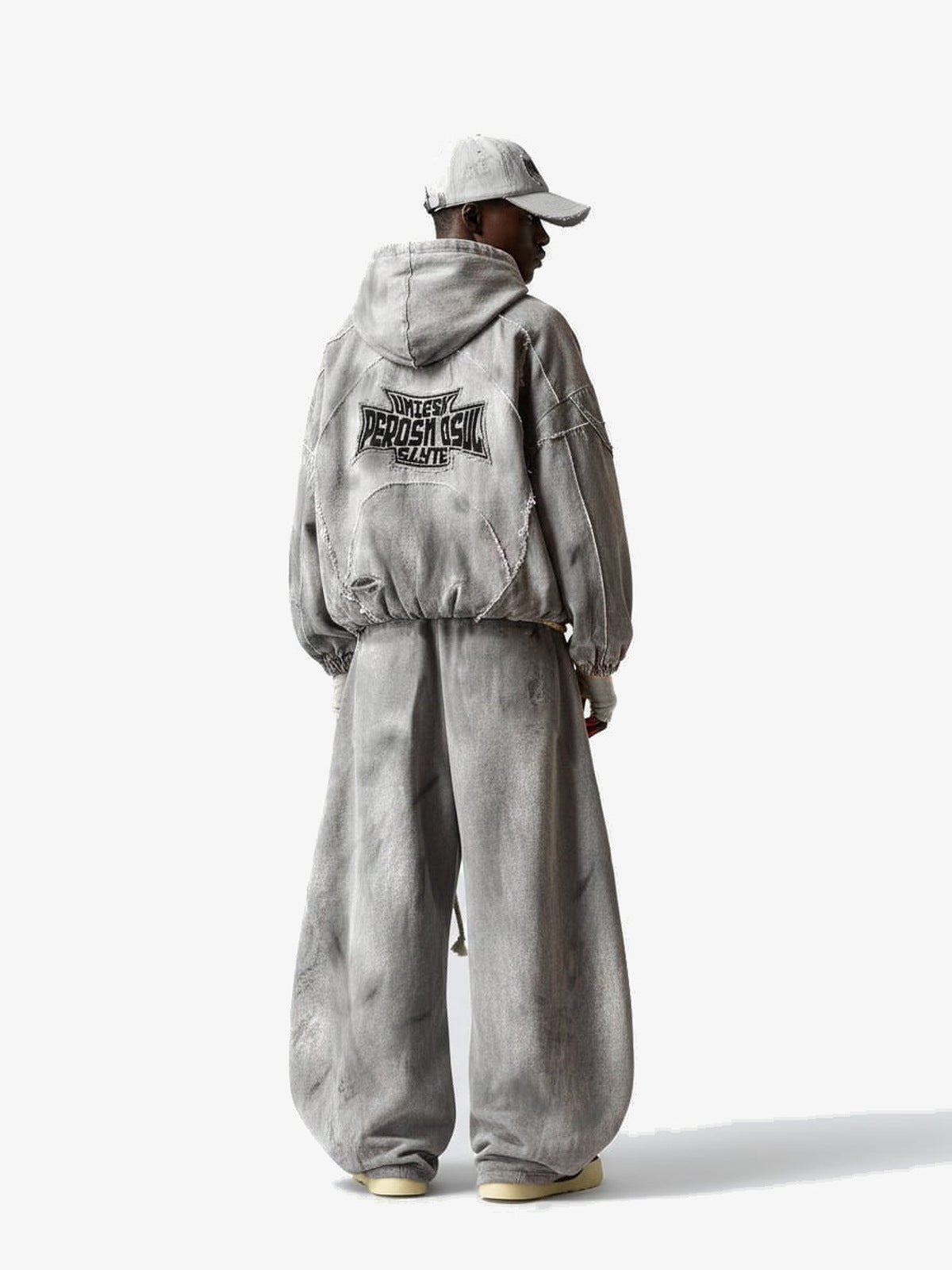 Baggy Grey Sweatpants with Dirty Wash – On model back with matching hoodie | XoKool