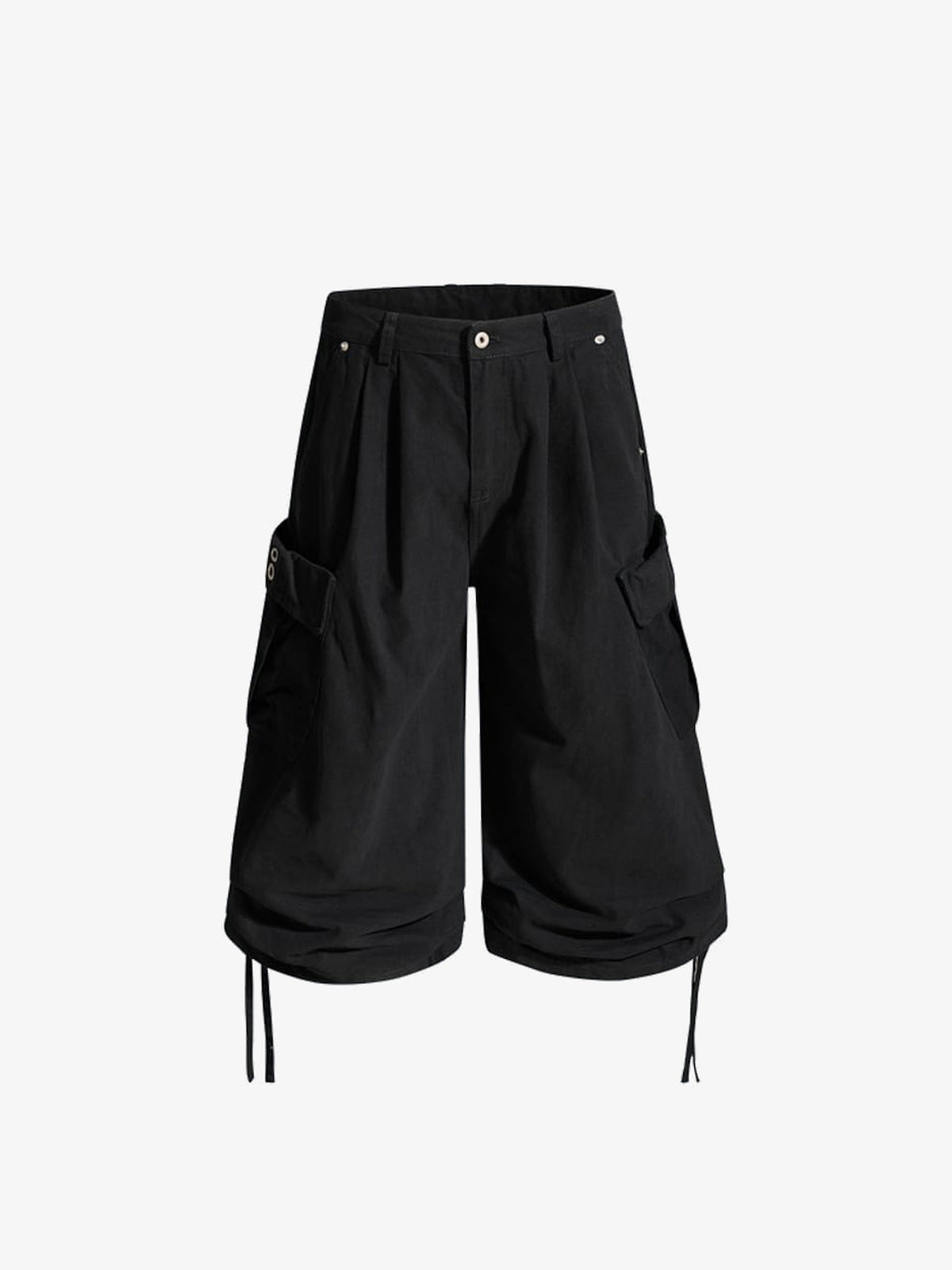 Baggy Cargoshorts mit Bundfalten und Tunnelzug am Saum – Schwarz, Vorderseite flach | XoKool
