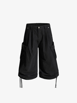 Baggy Pleated Cargo Shorts with Drawstring Hems – Black, front flat | XoKool