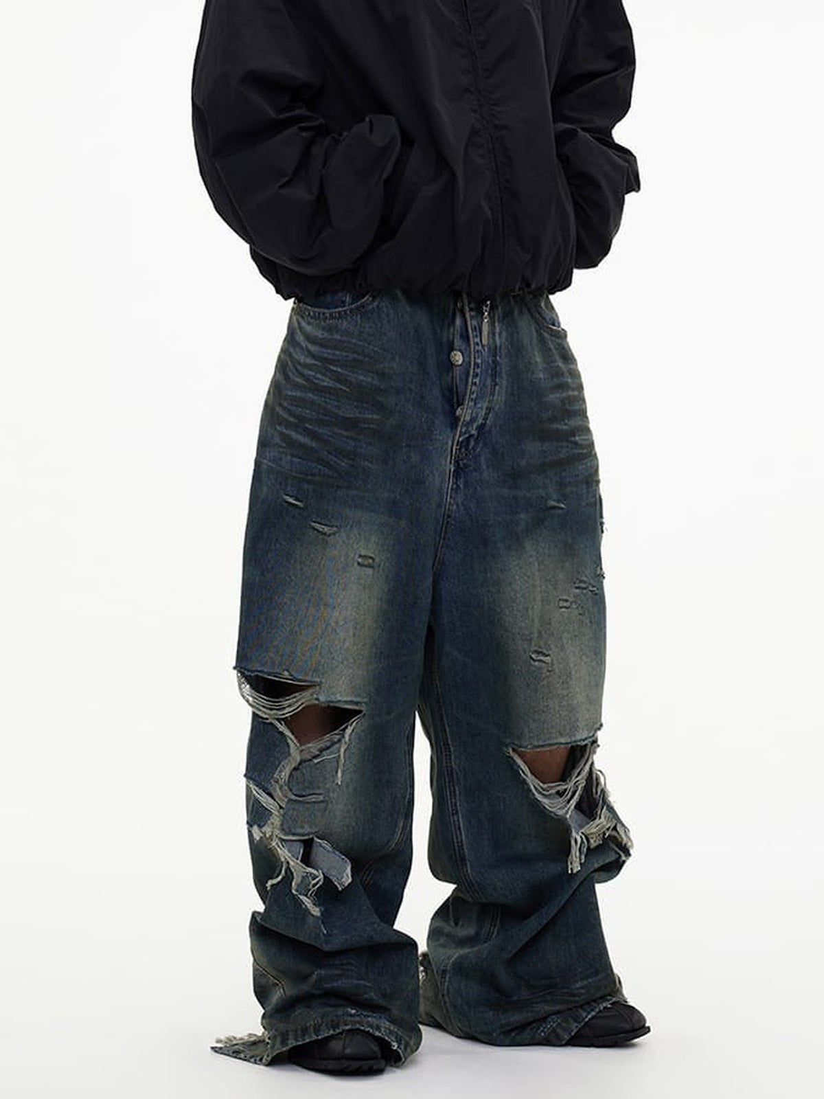 Ripped raw hem jeans – on model, front | XoKool