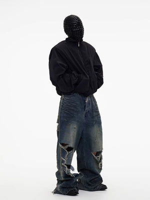 Ripped raw hem jeans – on model, front with mask | XoKool