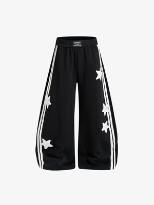 Baggy Star Track Pants with Double Side Stripes – Black, front view | XoKool