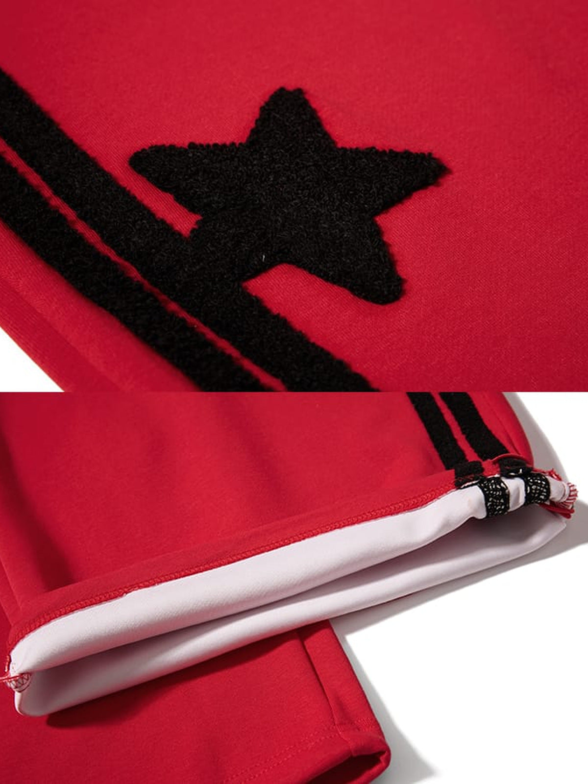 Star track pants – Red star and hem toggle close-up | XoKool