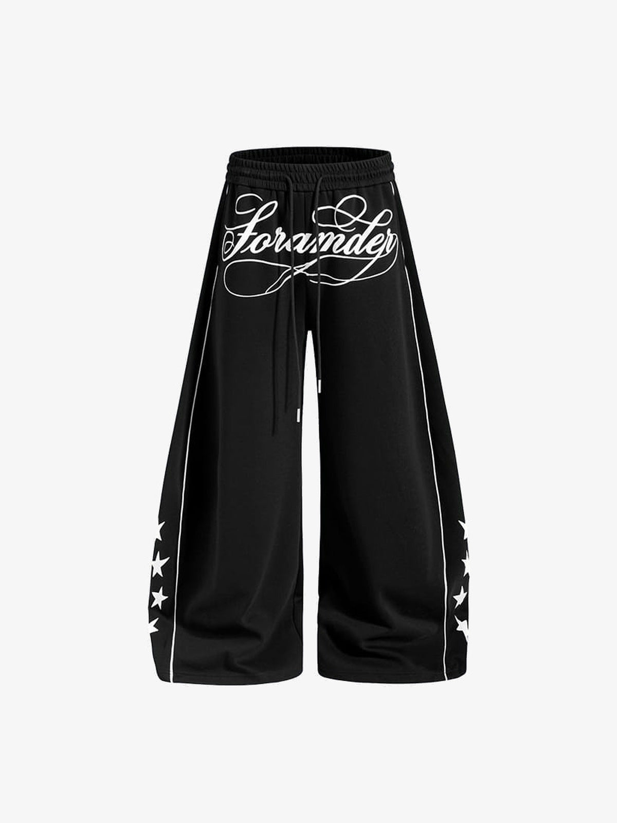 Baggy Trainingshose mit Schriftzug- und Stern-Print – Schwarz, Vorderseite flach | XoKool