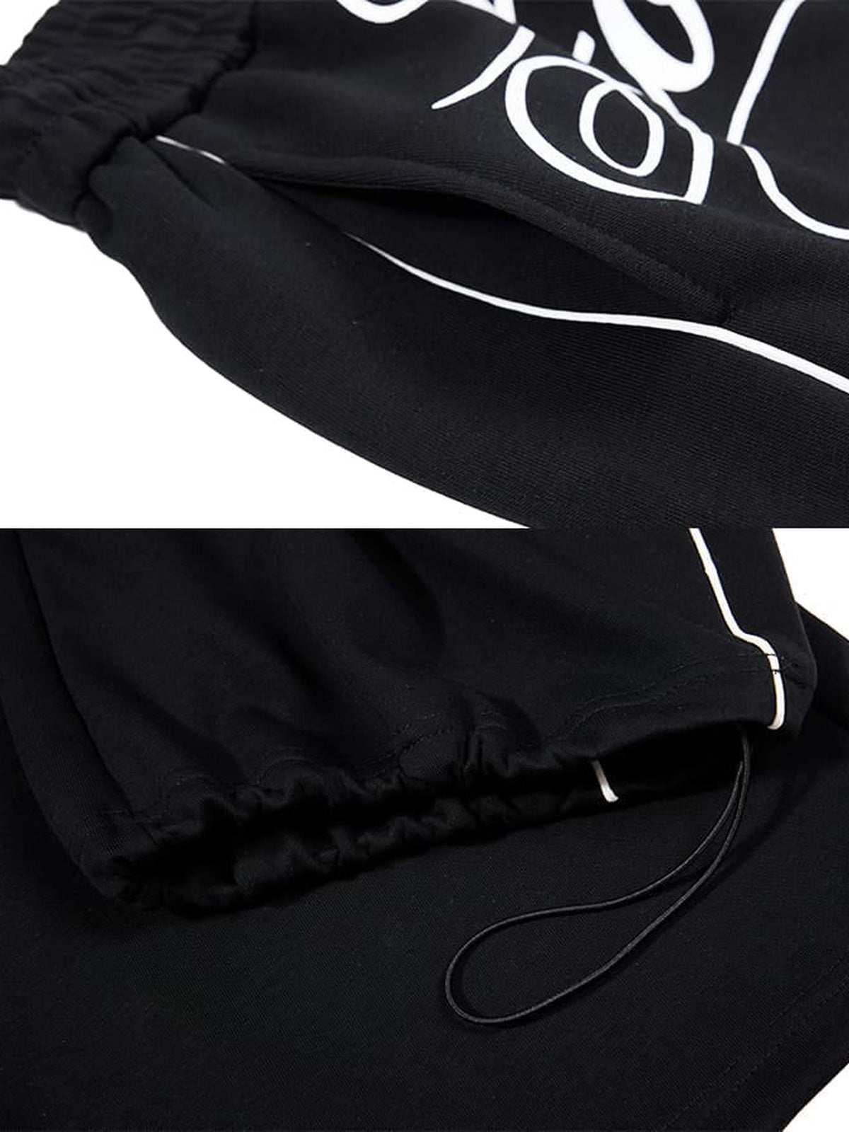 Baggy Trainingshose – Schwarz, Detailaufnahmen Print und Saum | XoKool