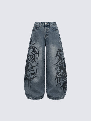 Baggy Tribal Jeans in Sand oder Blau Washed – Blau, Vorderansicht flach | XoKool