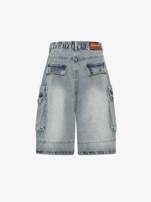 Jorts cargo baggy de denim con efecto lavado – azul de lavado claro, espalda en plano | XoKool
