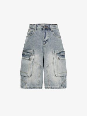 Jorts cargo baggy de denim con efecto lavado – azul de lavado claro, frente en plano | XoKool