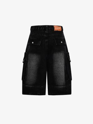 Jorts cargo baggy de denim con efecto lavado – negro lavado, espalda en plano | XoKool