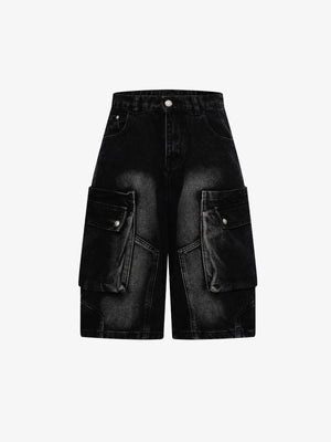 Jorts cargo baggy de denim con efecto lavado – negro lavado, frente en plano | XoKool
