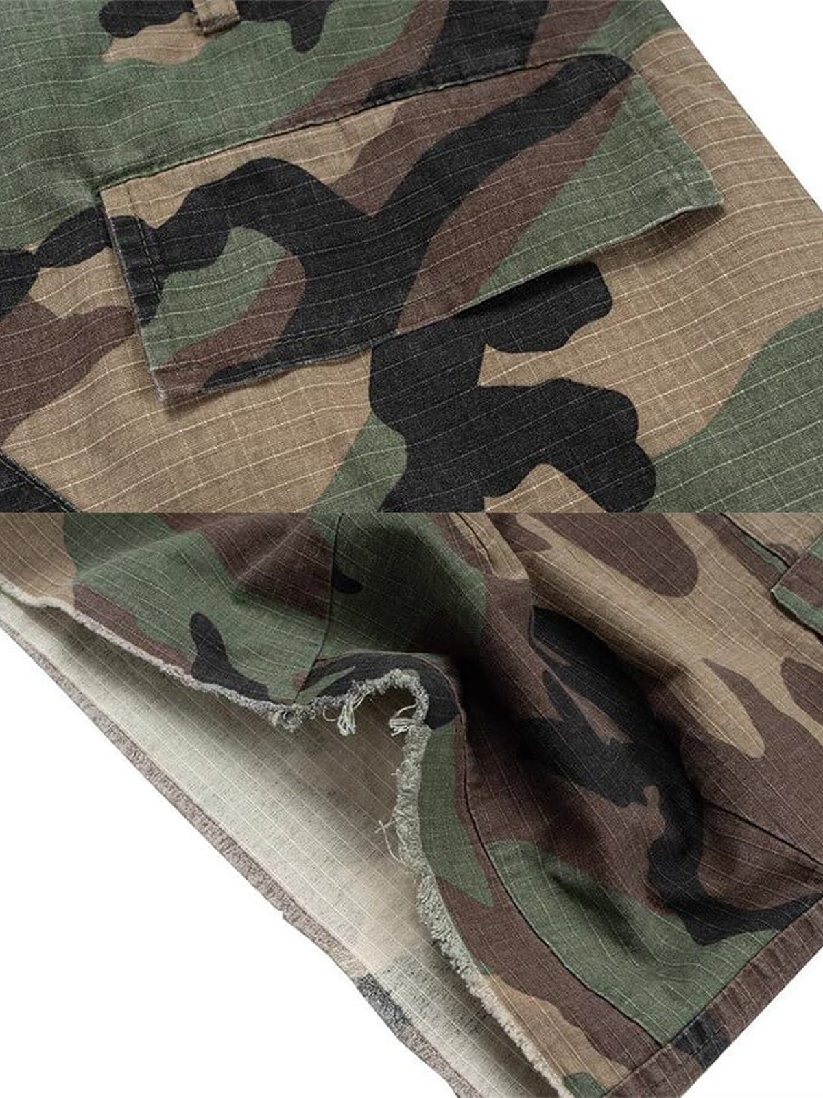 Woodland-Camo Cargoshorts – Raw Hem und Tasche im Detail | XoKool