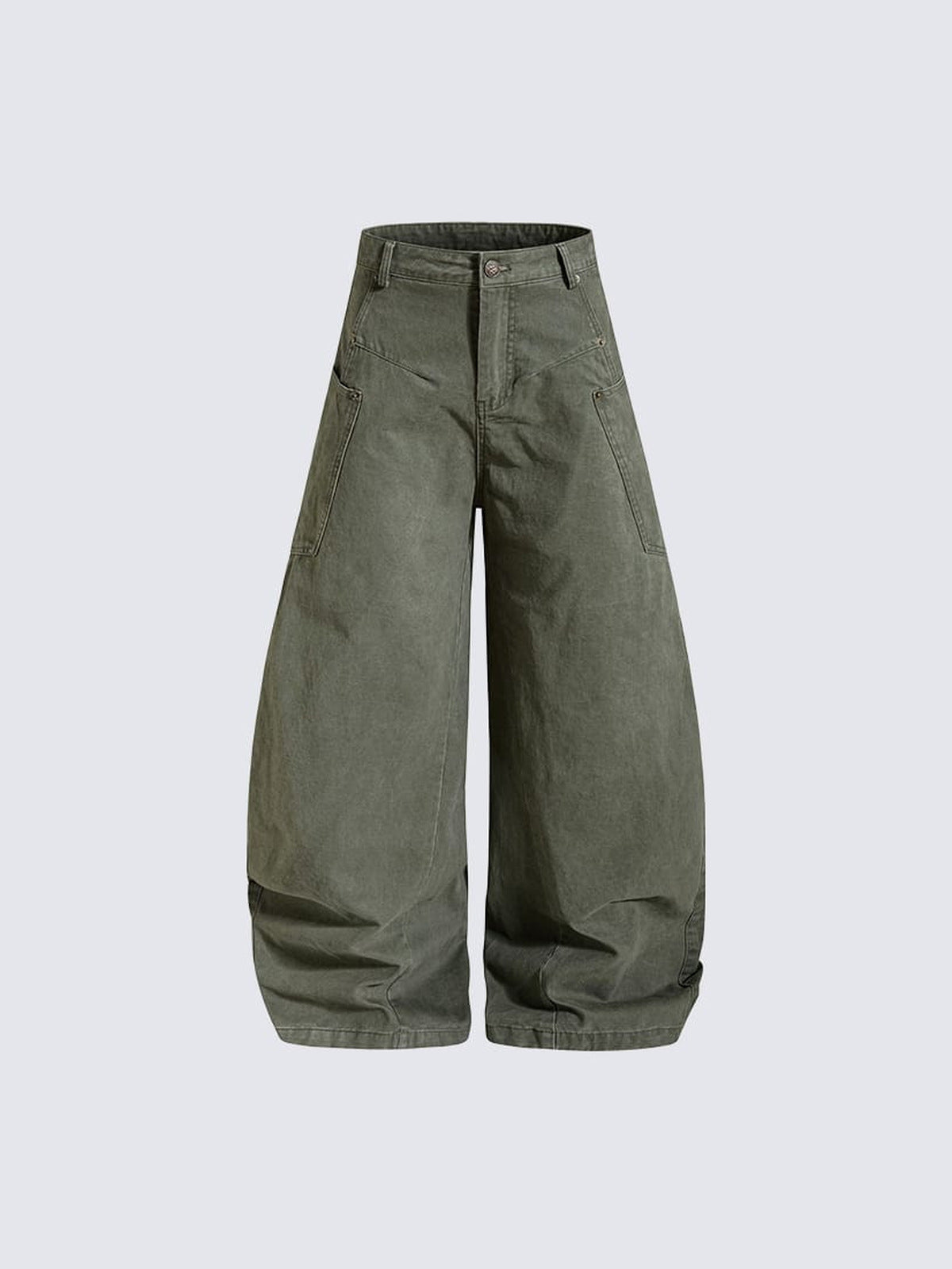 Baggy Workerhose mit geschwungenem Barrel-Bein – Oliv, Vorderansicht flach | XoKool