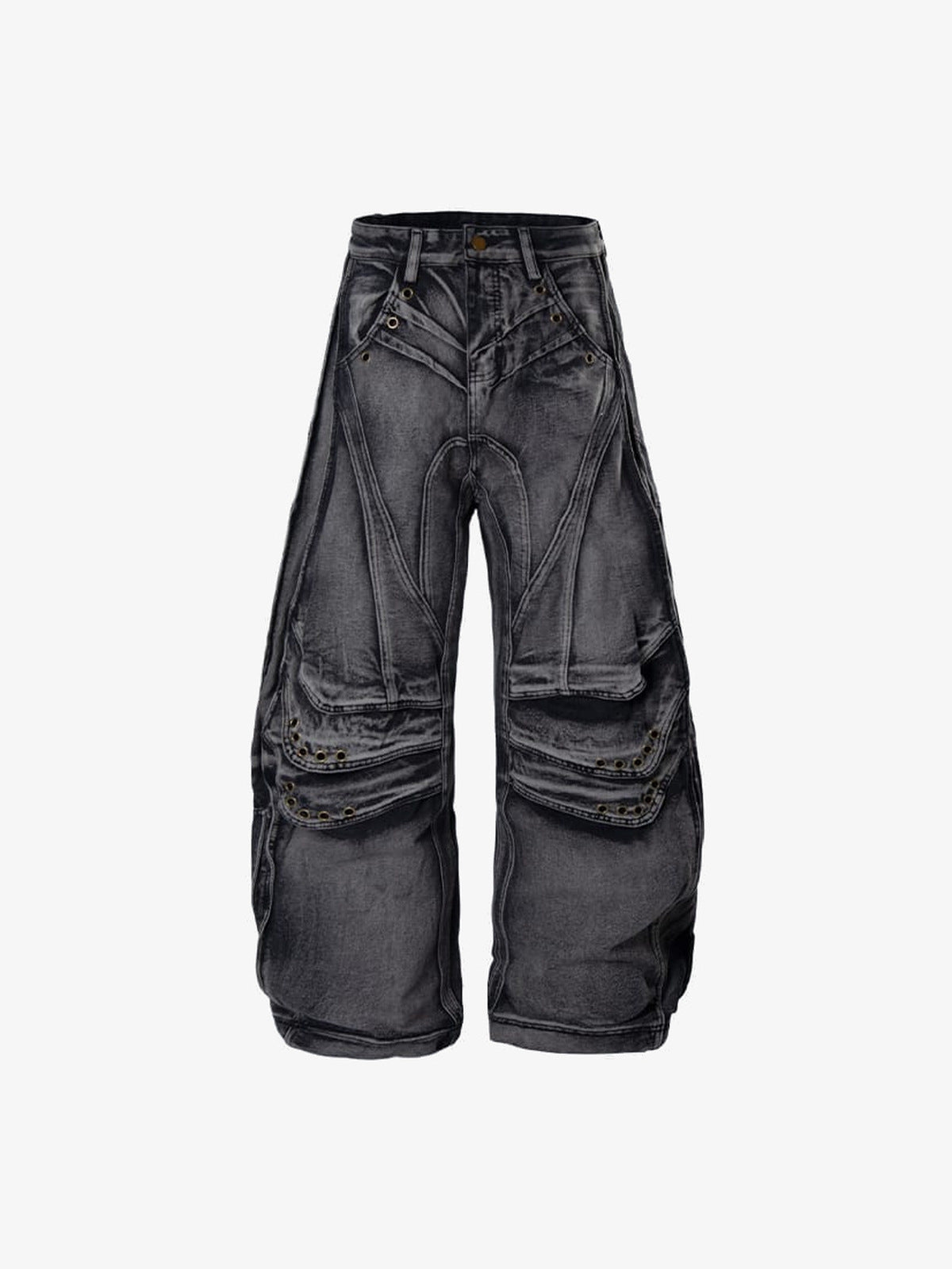 Jeans cargo balloon con bolsillos de ojales – Negro, frontal plana | XoKool