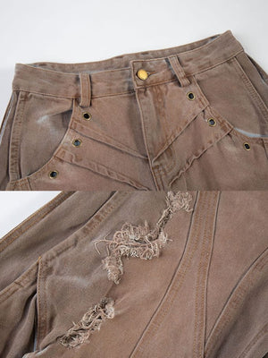 Jeans cargo balloon – Marrón, detalle de la cintura y el rasgado | XoKool