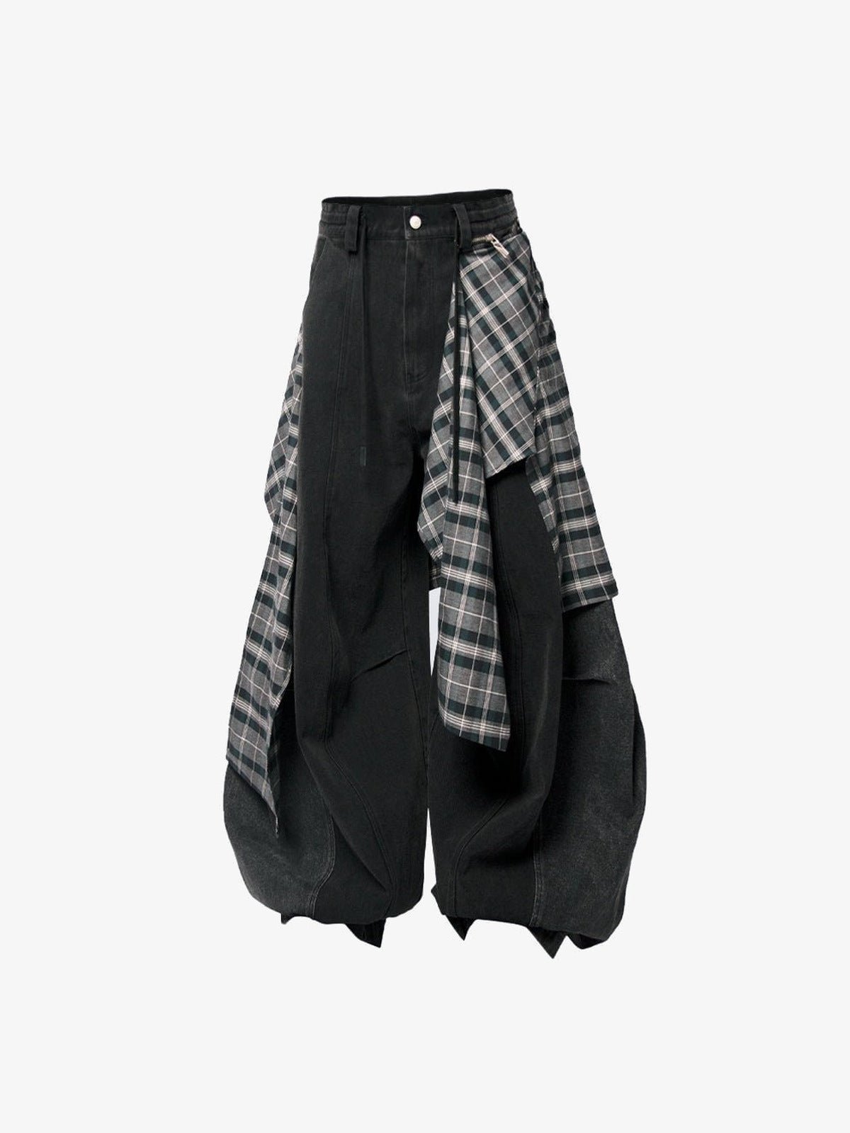 Balloon Pants mit abnehmbarer Karo-Schicht – Schwarz, Vorderseite flach mit Karo-Schicht | XoKool