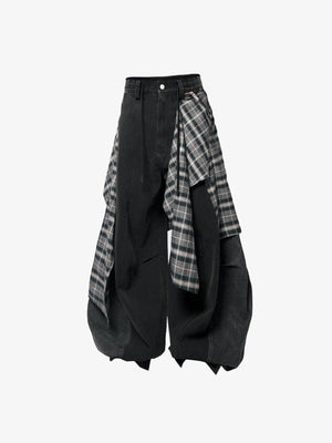 Pantalones globo con capa de cuadros desmontable – negro, vista frontal plana con la capa de cuadros | XoKool