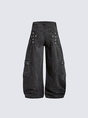 Barrel Cargo Pants in Washed Black or Grey – Black, back flat | XoKool