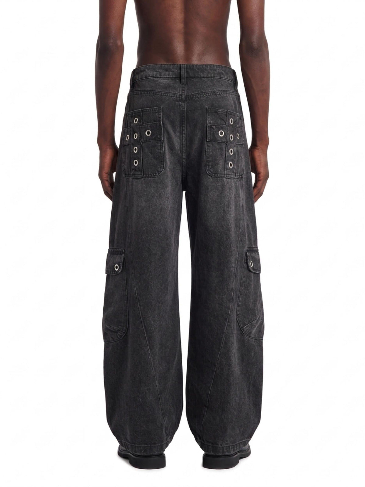 Barrel Cargo Pants in Washed Black or Grey – Black, on model back | XoKool