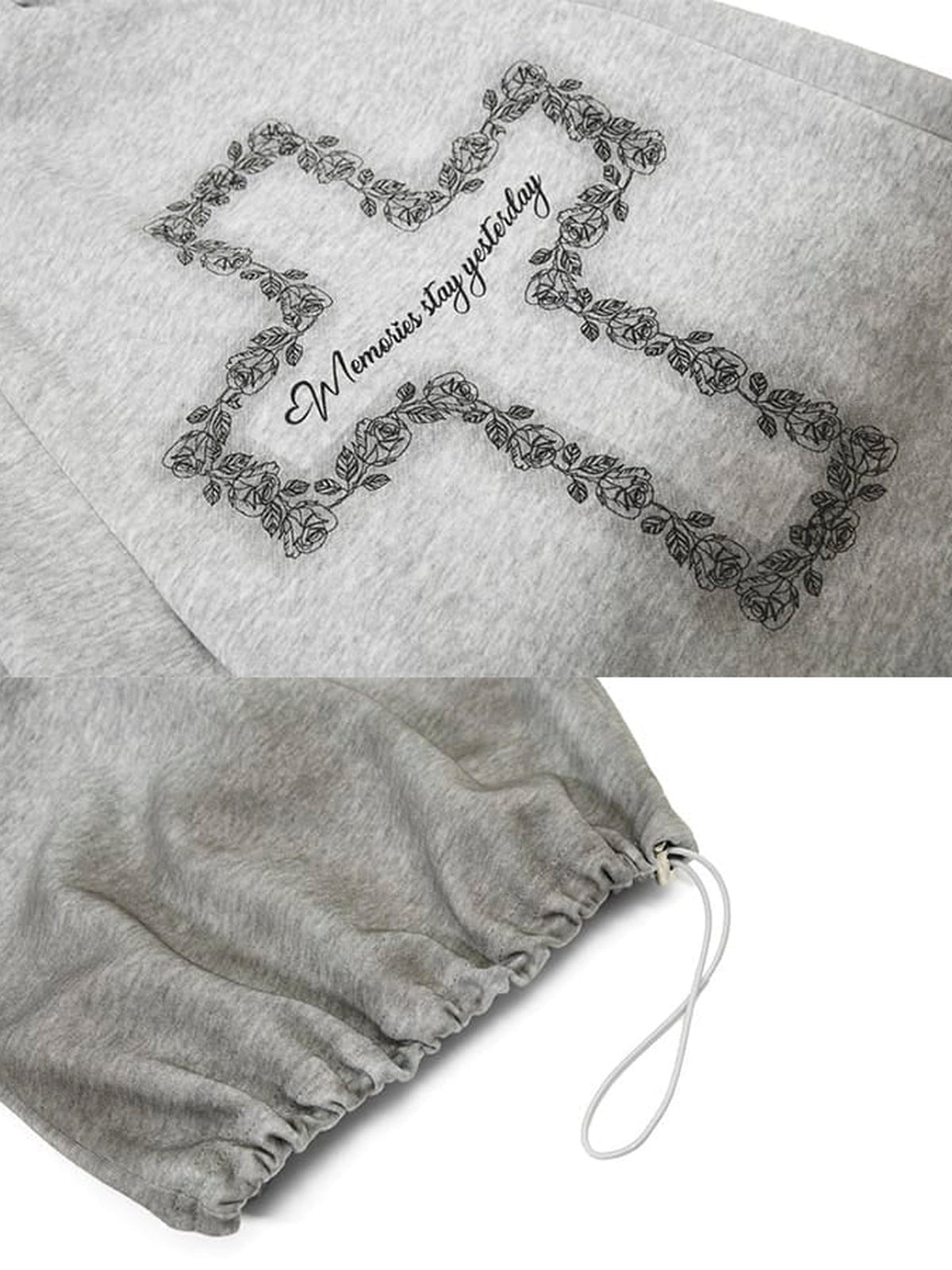 Barrel sweatpants – cross print and hem close-up | XoKool